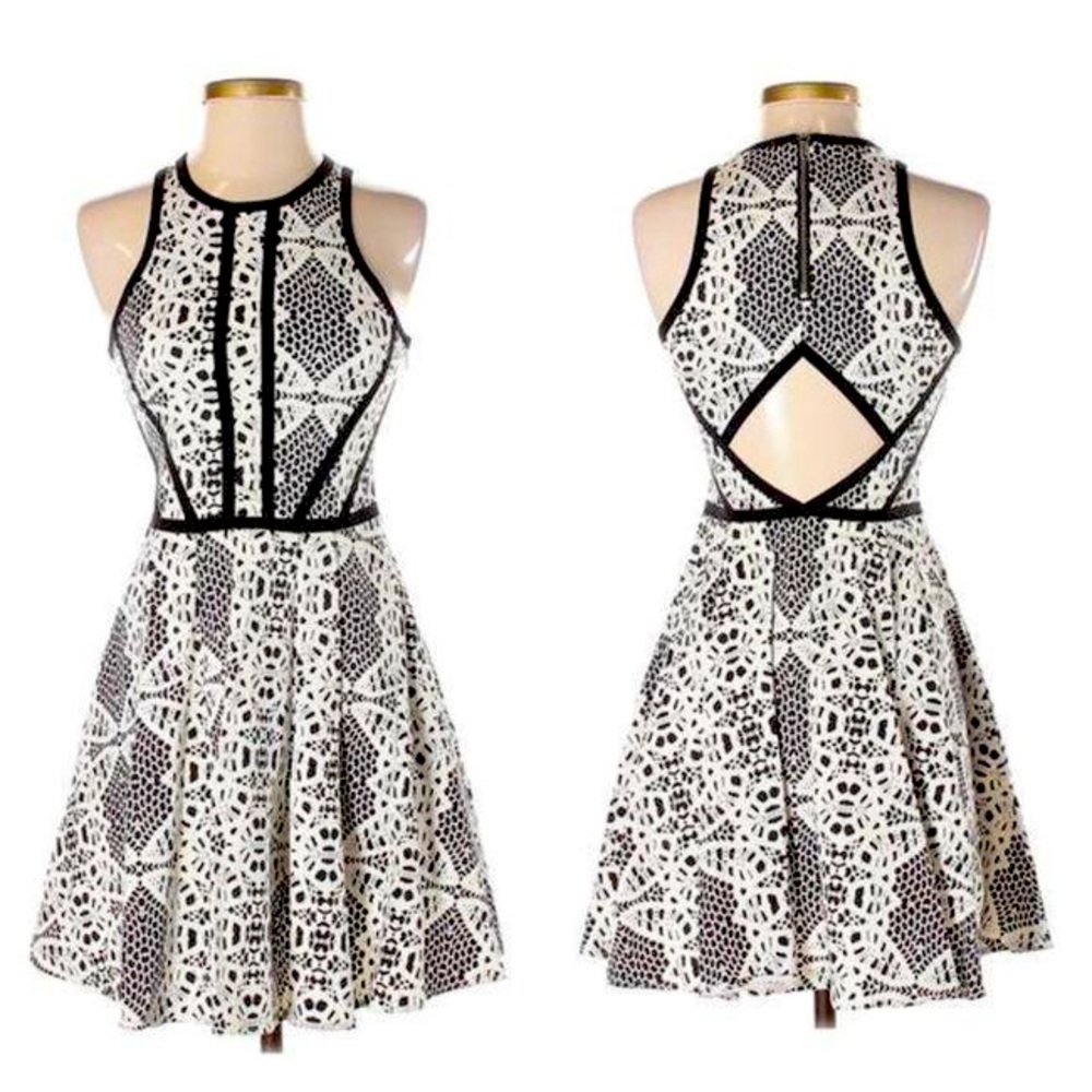 Parker Black White Hudson Madeira Lace Print Fit & Flare Cutout Dress size XS